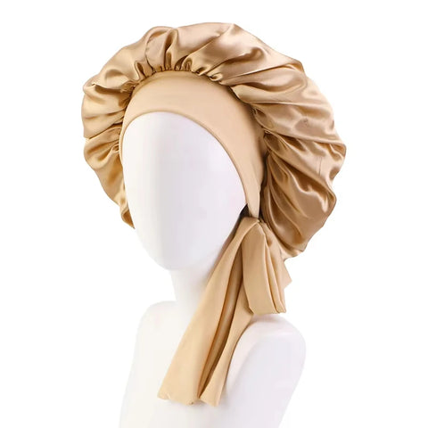 New Women Satin Solid Sleeping Hat Silky Bonnets With Tie Bands Elastic Shower Cap Adjustable Cap For Curly Hair Bonnets