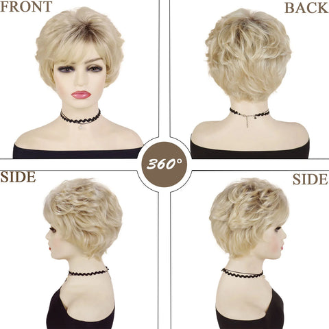 Short Wigs for Women Synthetic Hair Blonde Curly Wig with Bangs Ombre Blond Color Natural Mommy Wig for Daily Wear Pixie Cut Wig