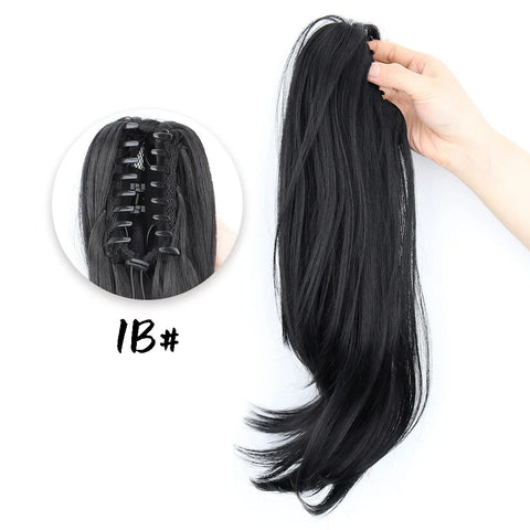 Synthetic Claw Clip Ponytail 18Inch Long Wavy Black Brown Heat Resistant Type Layered Horse Tail  Hair Extension