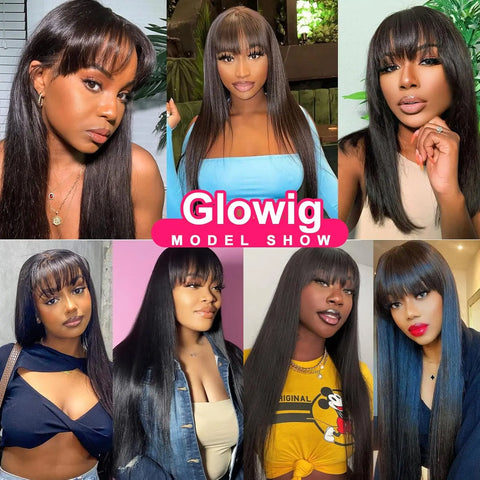 Straight Human Hair Wigs With Bangs Full Machine Made Wig Cheap Brazilian Hair Wigs Short Bob Wigs 250 Density Wigs