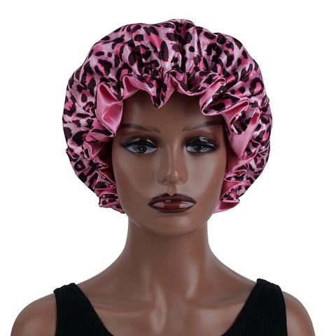1PC Hair Bonnet Printed Leopard Double Layer Satin Splicing Hair Bonnet For Sleeping For Curly And Straight Hair