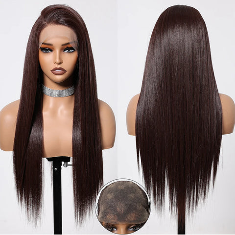 Long Straight Afro 13*6  Transparent Lace Frontal Synthetic Wigs Preplucked Brown Blonde Highlight Mixed Wig for Black Women Wig