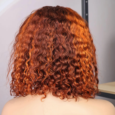4/350 Highlight Color Short Bob Wigs Water Wave 13x4 Lace Frontal Wigs Brazilian Human Hair Deep Curly Wigs Ombre Ginger Color