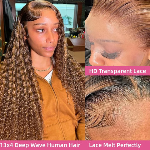 Deep Wave Highlight Ombre Invisi Strap 360 Full Hd Lace Frontal Wig 200 Density 427 Honey Blonde Curly Wig for Women 30 Inch