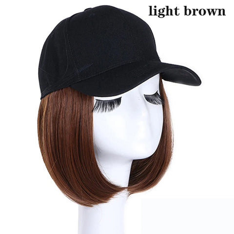Black Baseball Cap with Hair Extensions Synthetic Straight Short Bob Hairstyle Adjustable Hat Wig for Women Girl Ash Blonde