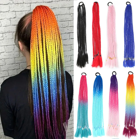 Synthetic 24Inch Y2K Rainbow Horsetail Wig Long Boxing Braid Hair Ponytail Extension High Temperature Fiber Hairpiece for Women