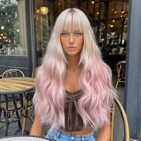 Fashion Purple to Gray Ombre Long Wavy Wig with Bangs for Women - 28 Inch Heat Resistant Synthetic Curls, Natural Style, Suitabl
