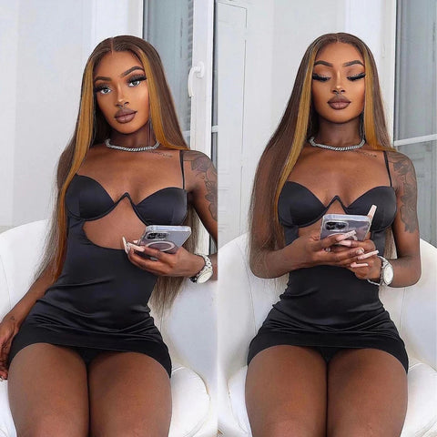 Chocolate Brown with Blonde Layered Straight Lace Front Wig Highlight Skunk Stripe Layered Cut Lace Wigs Synthetic Glueless Wig