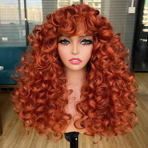 Red Ginger Wig for Women Long Curly Wave Wigs with Bangs Copper Synthetic Wig Natural Cosplay Party Heat Resistant Hair Hihoo