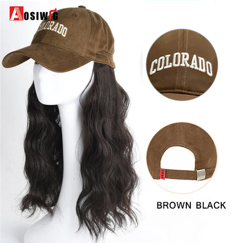 Long Wavy Synthetic Wig Baseball Rice White Cap With Hair Extensions Hat Wigs Natural Black Connect Wig Adjustable For Women