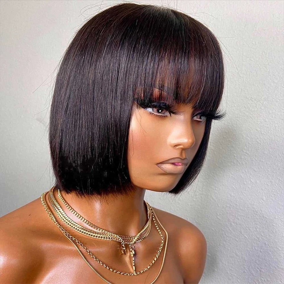 Brazilian Human Hair Wig with Bangs Remy Straight Hair Bob Wigs Full Machine Made Wig for Women 8-16 Inches No Lace Bob Wigs