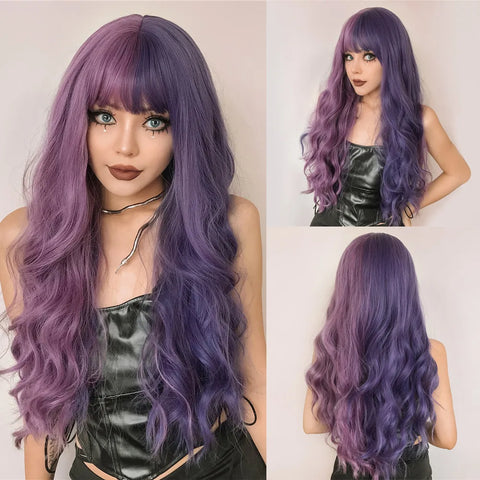 ALAN EATON Brown Highlight Synthetic Wigs with Bangs for Black Women Long Ombre Honey Brown Wave Wig Heat Resistant Hair Natural