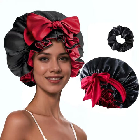 1 Set Silk Bonnet for Sleeping Women, Printing Satin Hair Shower Cap Tie Band Adjustable Straps Head Wrap for Curly Hair