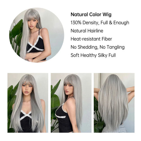 Long Straight Synthetic Wig Granny Gray Center Part Natural Bangs High Temperature Silk Wig For White Women Cosplay Daily