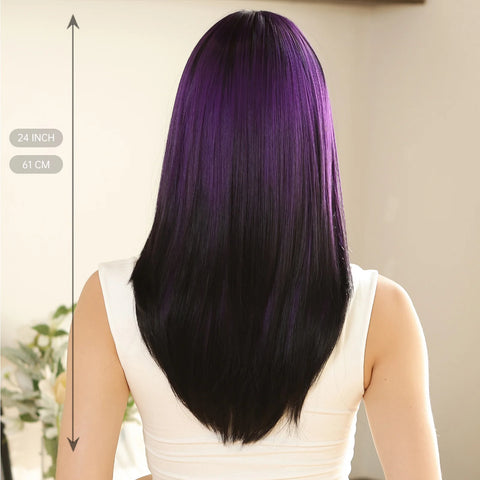 Straight Layered Synthetic Wigs Purple Black Ombre Wig with Bangs Middle Length Colored Cosplay Wig for Women Heat Resistant Wig
