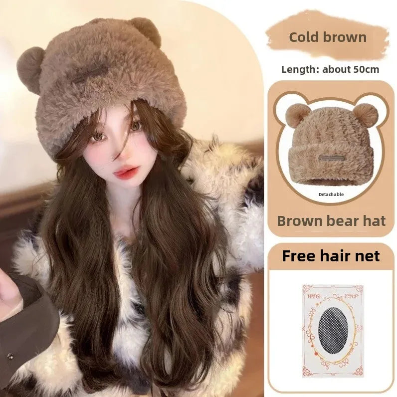 Women's Integrated Long Hair Wig Hat Autumn Winter New Popular Bear Ear Cap Full Head Cover Natural Looking Fiber Hair Extension