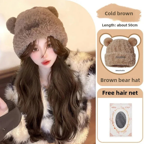 Women's Integrated Long Hair Wig Hat Autumn Winter New Popular Bear Ear Cap Full Head Cover Natural Looking Fiber Hair Extension