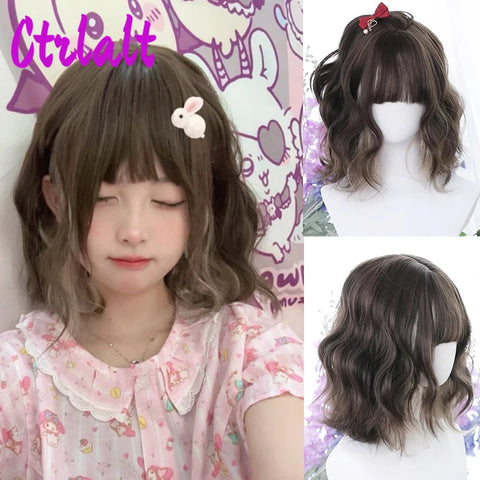 Shoulder Black Brown Layered Synthetic Natural Hair Wigs For Women Body Wave Daily Women's Wig with Curtain Bangs Heat Resistant