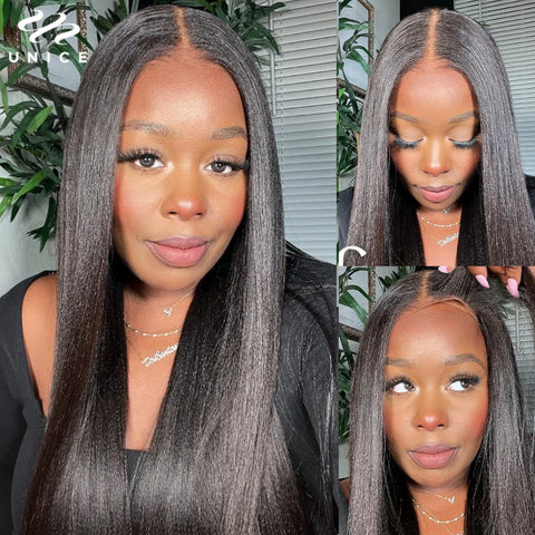 UNice Hair Drawstring Cap Yaki Straight 7x5 Lace Closure Wig Pre Cut Pre Bleached Glueless Wig Human Hair Ready To Wear Go