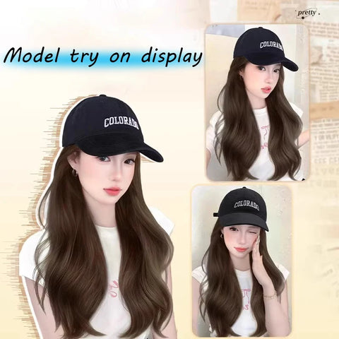Long Wavy Synthetic Wig Baseball Rice Black Cap With Hair Extensions Hat Wigs Natural Black Connect Wig Adjustable For Women