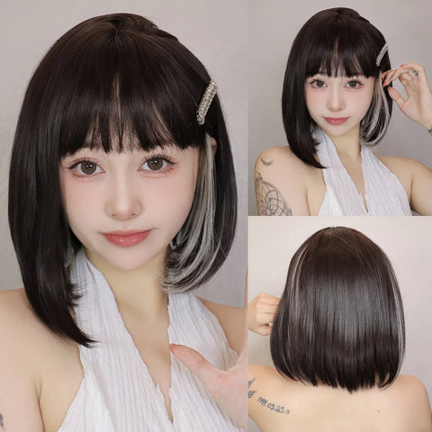 Light Brown Synthetic Wigs Straight Short Bob Cut with Bangs Wig for White Women Korean Daily Party Cosplay Heat Resistant Hair