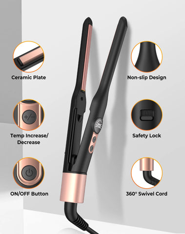 3/10 Inch Pencil Flat Iron Small Flat Irons for Short Hair Beard and Pixie Cut Mini Ceramic Tourmalin Hair Straightener