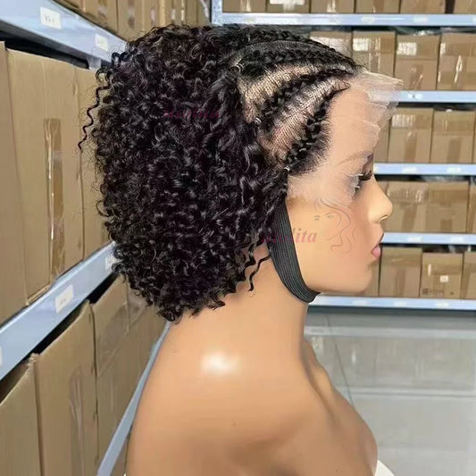 13x4 Lace Frontal Afro Curly Wig 100% Brazilian Remy Hair Wigs 6 Inch Kinky Curly Human Hair Wigs with Braids for Black Women