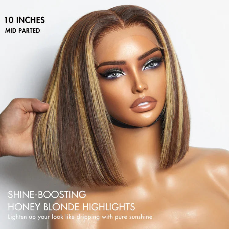 PartingMax Glueless Wig Honey Blonde Highlight Silky Blunt Cut 7x6 Closure HD Lace Bob Hair Wig