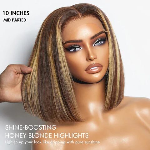 PartingMax Glueless Wig Honey Blonde Highlight Silky Blunt Cut 7x6 Closure HD Lace Bob Hair Wig