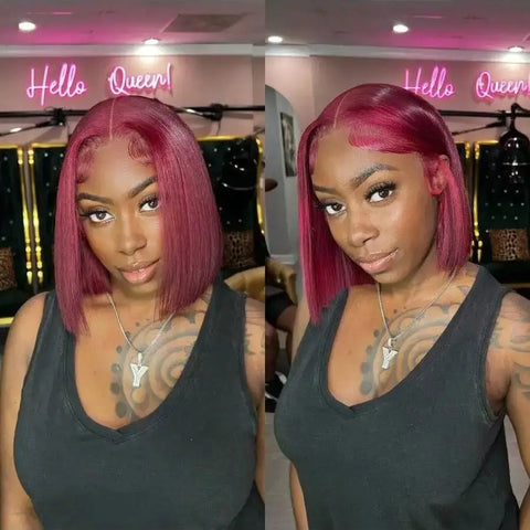 Burgundy 8-34 Inch 200% Straight Bob Wig 13x4 Transparent Lace Frontal Wig Human Hair 99J Red Colored Pre Plucked With Baby Hair