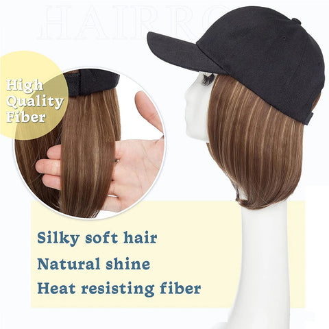 Black Baseball Cap with Hair Extensions Synthetic Straight Short Bob Hairstyle Adjustable Hat Wig for Women Girl Ash Blonde