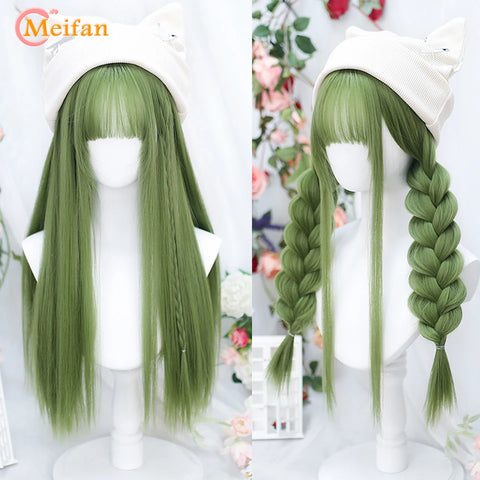 MEIFAN Synthetic Long Straight Lolita Wig with Bangs Wig Girl Cute Ombre Pink Blonde Black Cosplay Party Halloween Harajuku Wig