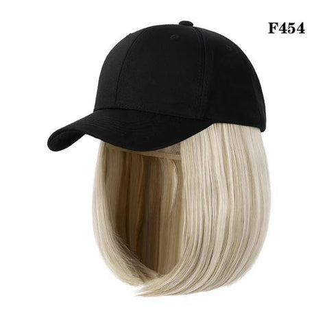 Black Baseball Cap with Hair Extensions Synthetic Straight Short Bob Hairstyle Adjustable Hat Wig for Women Girl Ash Blonde