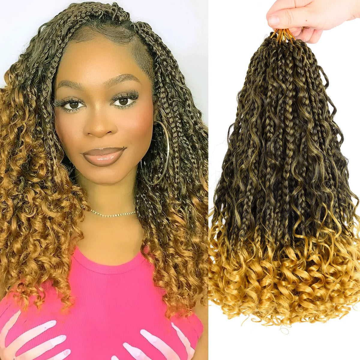 8 Packs Synthetic 12 Inch Goddess Box Braids Crochet Hair Boho Box Braids With Curl Ends Hair Extensions for Women Black