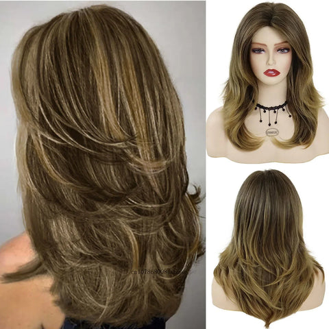 Grey Layered Long Synthetic Wigs with Bangs Silver Gray Wavy for Women Salt and Pepper Natural Looking Daily Use Heat Resistant