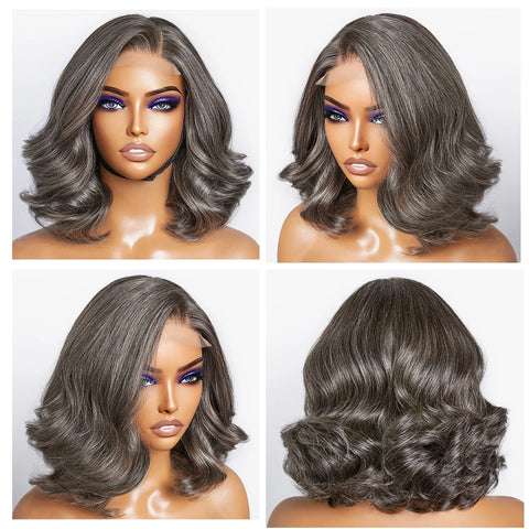 10Inch Salt and Pepper Loose Wave Lace Front Human Hair Wig Pre Plucked Short Bob Wigs Glueless Wigs Pre Plucked For Black Women