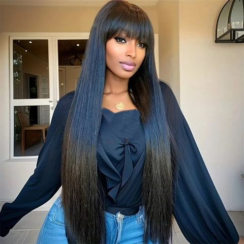 30 32 Human Hair Wig with Bangs Raw Indian Straight Human Hair Fringe Wigs 18-32Inch 180 Density Straight Human Wigs For Women