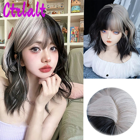 Shoulder Black Brown Layered Synthetic Natural Hair Wigs For Women Body Wave Daily Women's Wig with Curtain Bangs Heat Resistant