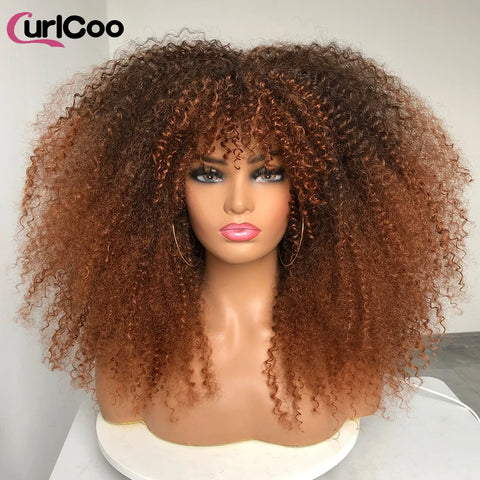 Curly Wig With Bangs Afro Curly Wigs for Black Women Synthetic Fiber Fluffy Long Curly Wig for Daily Party Cosplay