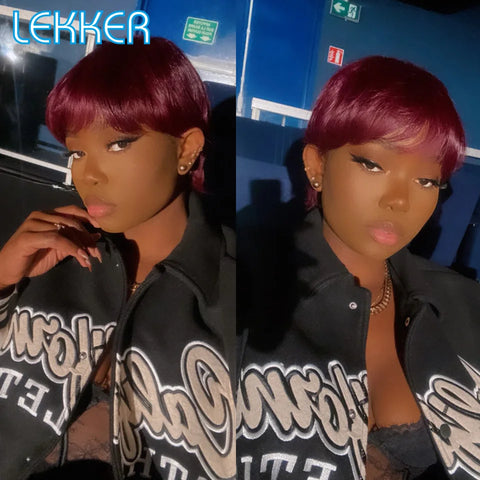 Lekker Colored Short Pixie Cut Straight Bob 100% Human Hair Wigs With Bangs For Women Brazilian Remy Hair Burgundy Red Daily Wig