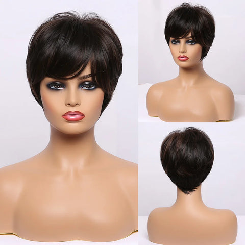 Pixie Cut Wigs for Women Natural Synthetic Short Black Layered Hair Wig with Fluffy Bangs Afro Daily Heat Resistant