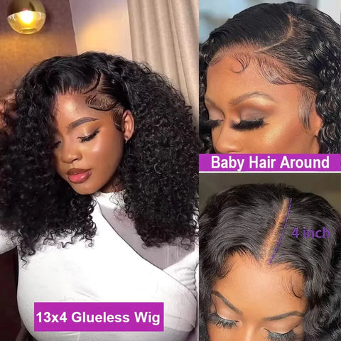250% Short Curly Bob 13x6 Lace Frontal Wigs Deep Water Wave 7x5 Glueless Wig Brazilian 100% Human Hair Black For Women 14 Inch ﻿