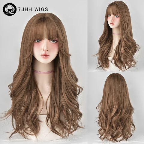 7JHH WIGS Honey Brown Wigs with Neat Bangs High Density Synthetic Loose Brown Hair Wig for Women Daily Use Beginner Friendly