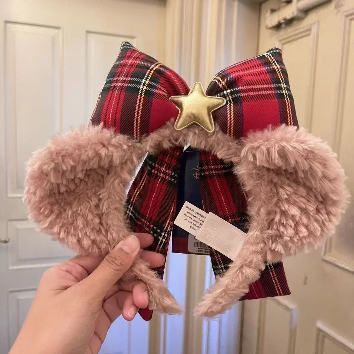 1 senior Christmas plush teddy bear headband with red and green plaid bow, Christmas hat and scarf, winter celebration