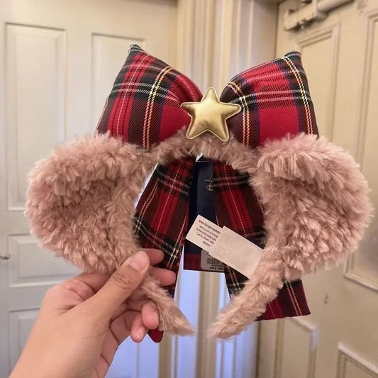 1 senior Christmas plush teddy bear headband with red and green plaid bow, Christmas hat and scarf, winter celebration