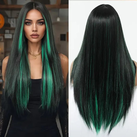 Long Straight Layered Synthetic Wig Ash Blond highlights with Bang for Women Christmas Party Daily Use Heat Resistant Fiber