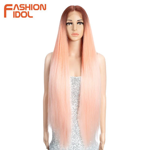 FASHION IDOL Lace Front Wig Synthetic 36 Inches Long Kinky Straight Wig Ombre Pink Cosplay Wigs For Women Party Daily Fake Hair