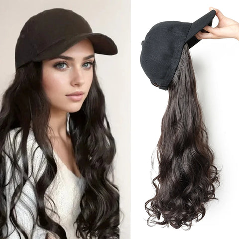 20Inch Synthetic Long Curly Baseball Cap Hat Wigs Heat Resistrant Black Brown Hairpiece for Women