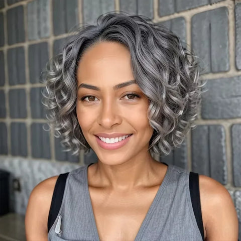 Luvin 16inch Water wave Bob Wig Salt and Pepper Human Hair Wigs Pre Plucked Grey Short Bob Wig Pre Cut 5x5 Closure Wig For Women