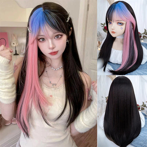 FOELISEE Synthetic 23inch Wig With Bangs Long Straight Black Highlight Red Wig For Women Cosplay Party Christmas Wig